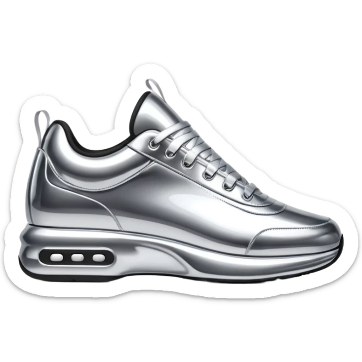 A pair of futuristic sneakers emoji made of silver chrome, sleek streetwear design, smooth metallic panels, subtle reflections, luxury swag aesthetic, iOS emoji style, centered, clean white background sticker
