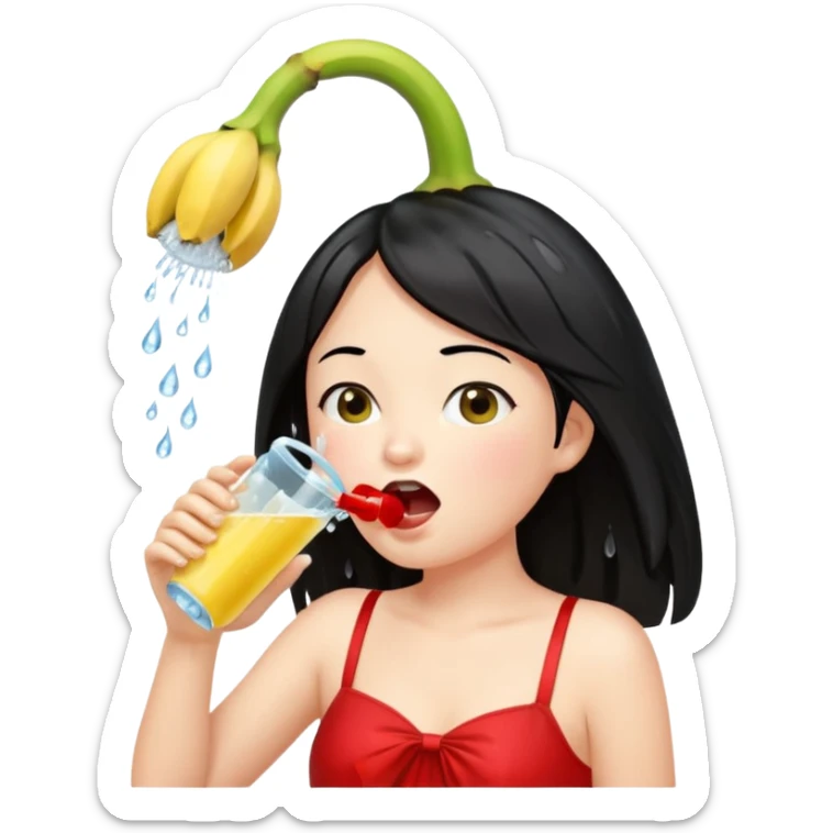 a girl with black hair and red dress with opened mouth drinking pale yellow water coming out from a shower looking like a banana above her head sticker