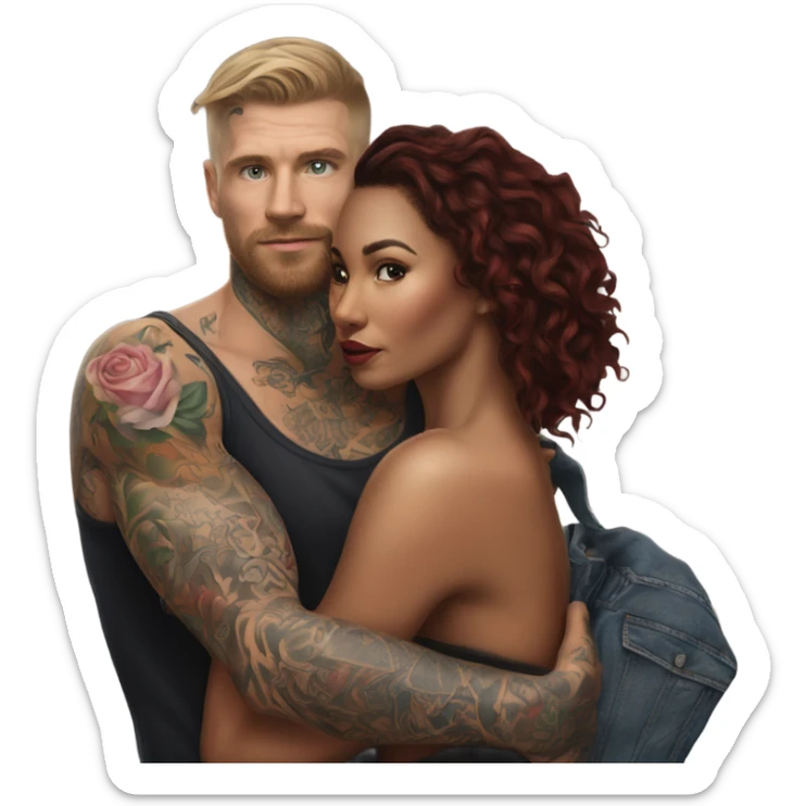 Hyper Realistic beautiful woman in the arms of a very handsome tattooed man walking  sticker