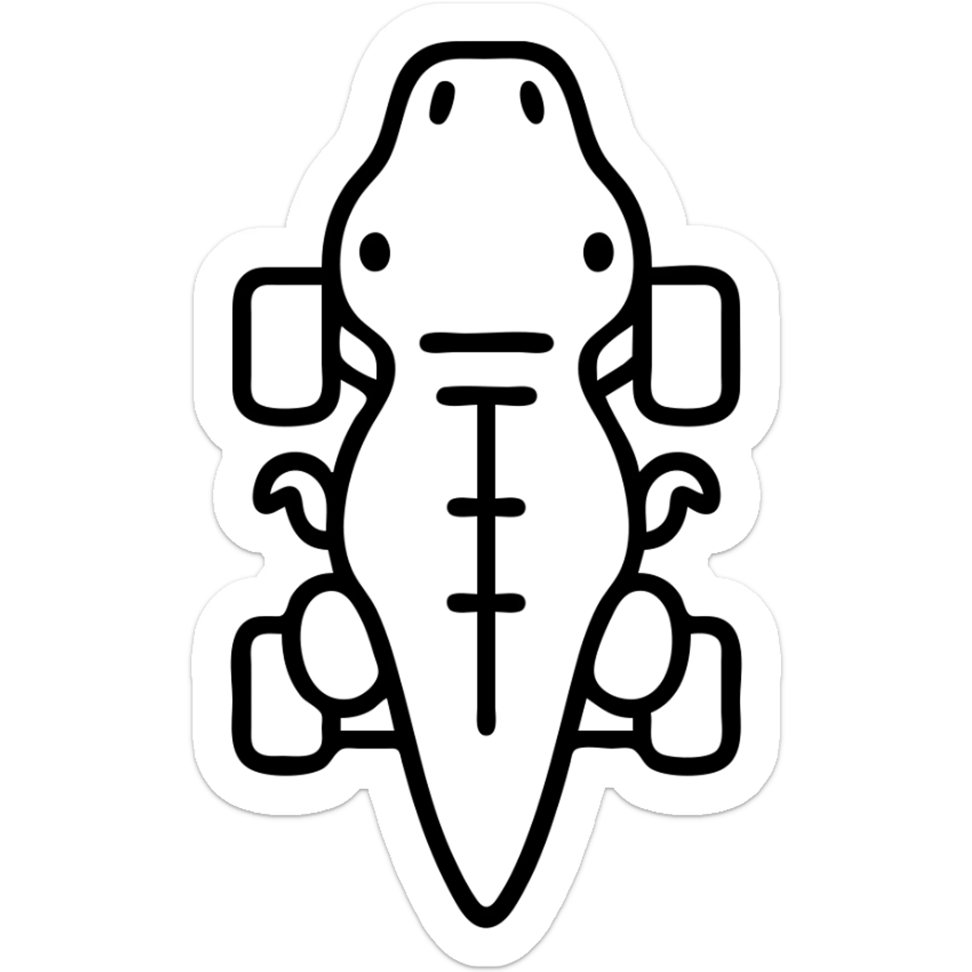 Top-down view of a T-Rex, stylized like a toy car or vehicle, detailed but simplified, positioned on a flat surface with clear outlines, resembling a miniature model or toy dinosaur seen directly from above, bright lighting, simple background, sharp focus sticker