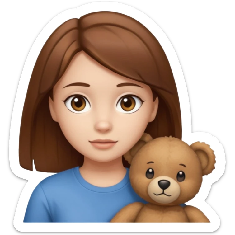 A Girl with Brown hair and Brown eyes with a t-shirt of a Teddy bear sticker