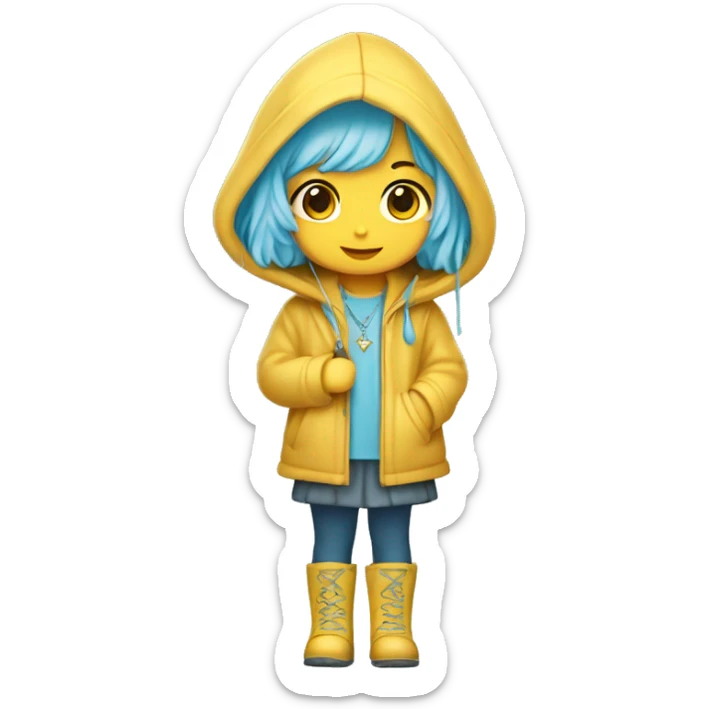 Cute little girl with light blue hair with peach skin, with yellow raincoat hooded with boots holding a staff, with a cross necklace, Sanrio design sticker