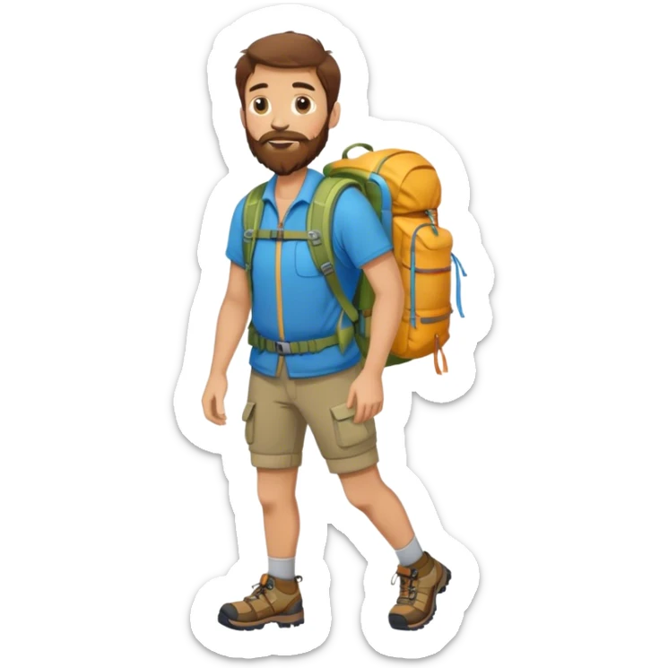 A man with brown hair and a three day beard wears s Rucksack with a birthday present. you see the full body. He wears hiking equipment. sticker