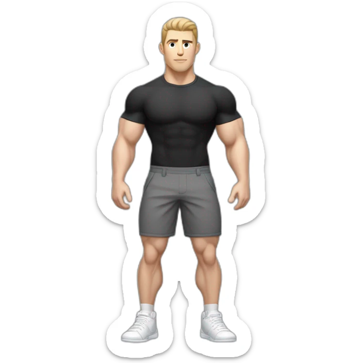 Pale skinned Fit Man With the biceps and dark brown hair in black shirt, gray sports shorts and white Sneakers Touches the back of the head sticker