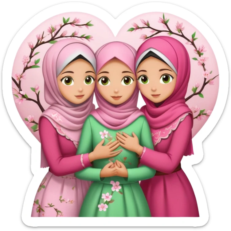 Four sister hugs Turkish girls beautiful finish Konya brown green eyes with cherry blossom hijab and heart dress and hugs  sticker