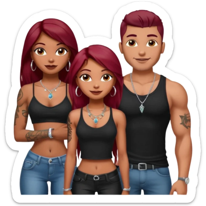 a pretty bratz fair indian girl with dark red straight hair, black cami top, silver dainty necklaces, rings, hoops, tattoos standing with two handsome lean but muscled guys sticker