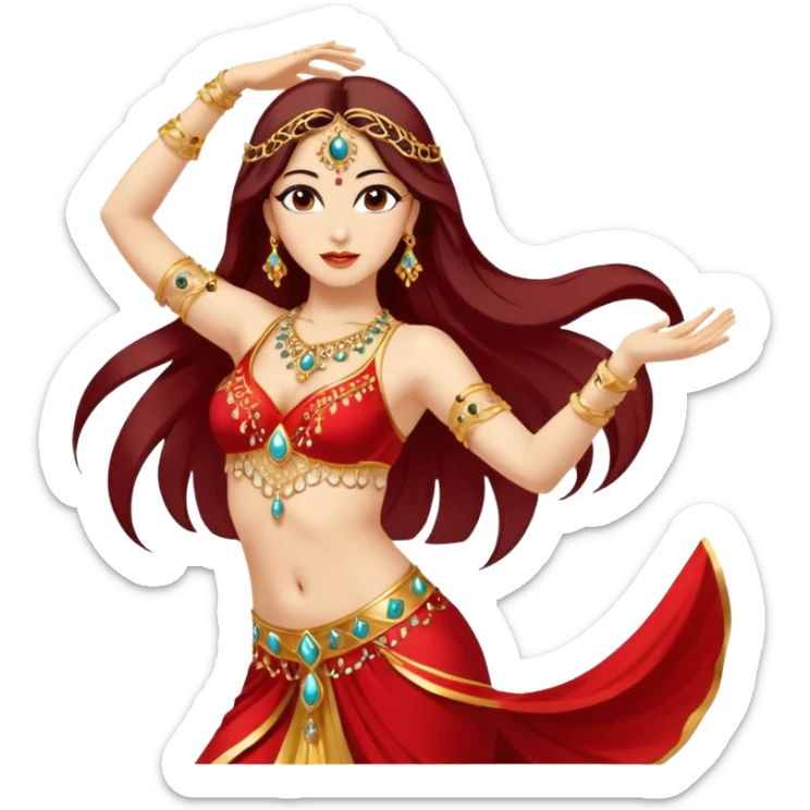 Elegant belly dancer emoji, mid-movement, wearing red and gold costume, one arm raised, flowing hair, minimal vector style, expressive and clear, transparent background. sticker