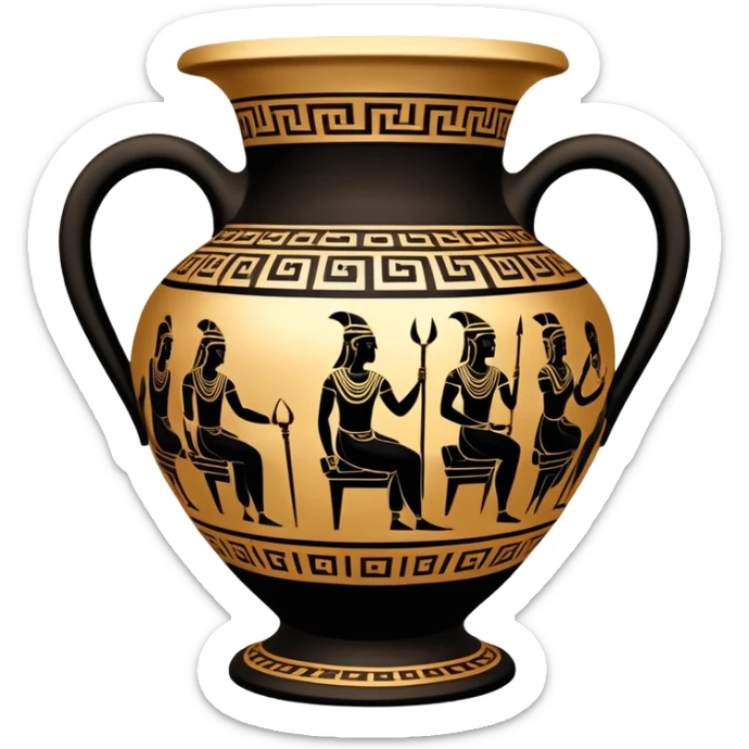 Cinematic-realistic Grecian urn, an exquisite black-figure pottery masterpiece resting in the dim glow of an ancient temple. Intricate golden depictions of gods and warriors encircle its curved form, telling timeless myths of heroism and tragedy. The polished ceramic surface reflects flickering torchlight, while faint wisps of dust drift in the air, whispering echoes of a long-lost civilization. sticker
