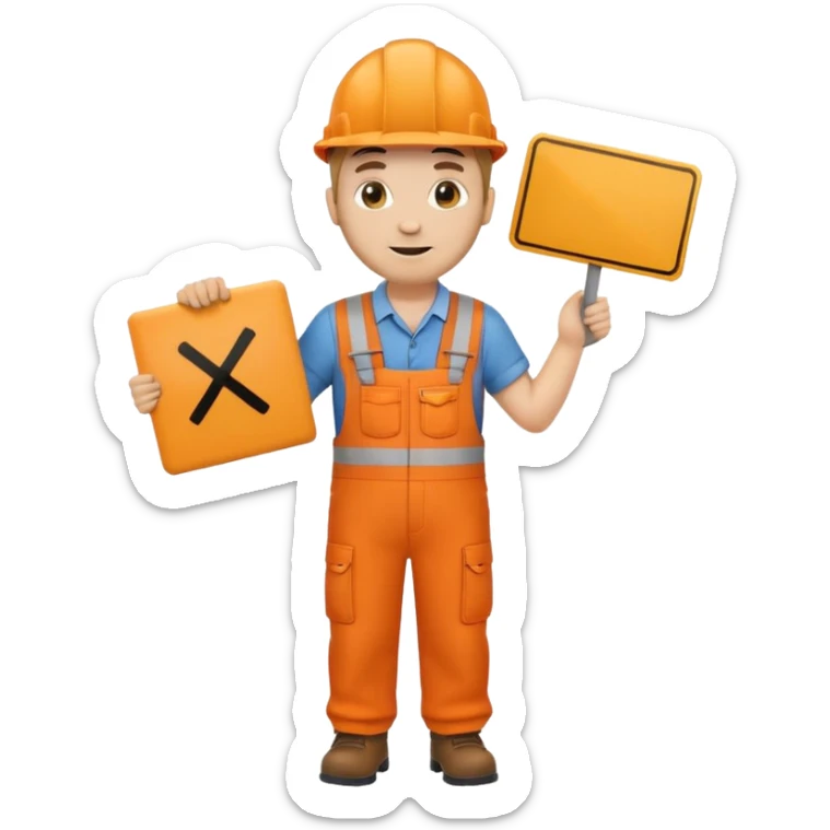 emoji style railway engineer full body in orange overalls, holding a sign in front of their chest sticker