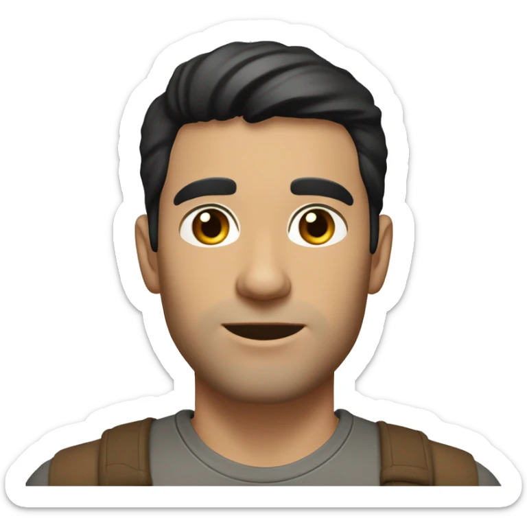 A head and shoulders shot of a 32 year old white man, with short black hair, with none facial hair,   with brown eyes wearing a t-shirt. sticker