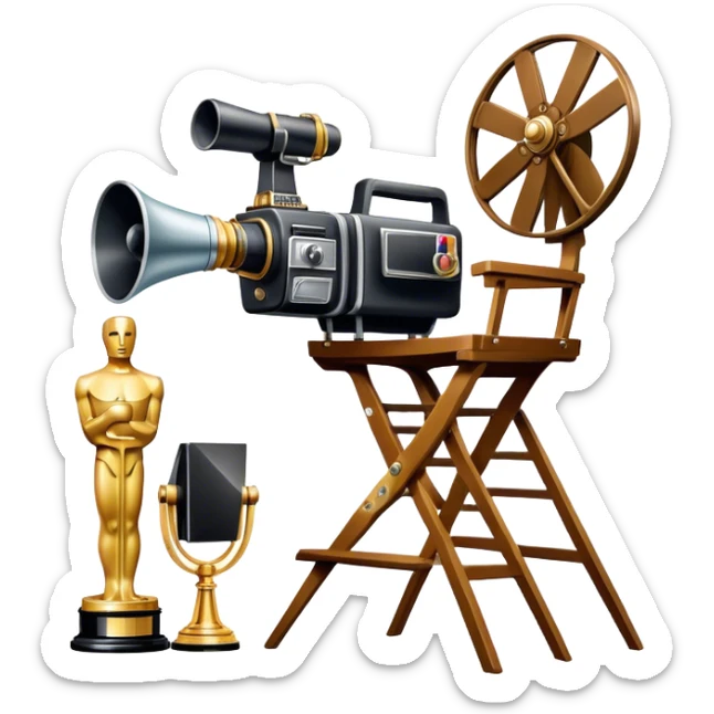 Professional icon for Directing: a collage featuring a director's chair, a film camera, a megaphone and an Oscar trophy. The icon should represent the craft and creativity of film directing, with emphasis on leadership and cinematic artistry. Transparent background. sticker