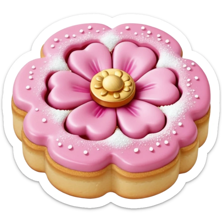Realistic shortbread cookie in the shape of a camilia flower with pastel pink color jelly middle filling andkled powder sugar on top.emoj sprini sticker