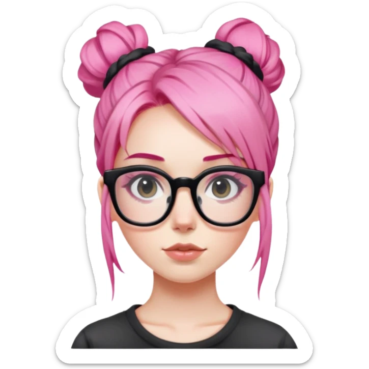 Girl with pink hair in a messy bun and big square black glasses sticker