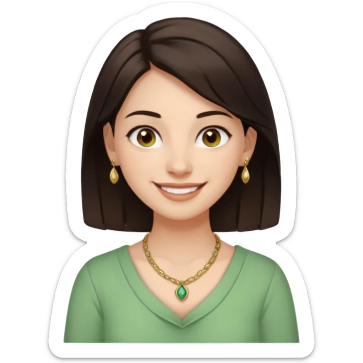 emoji of relaxed, happy young woman with dark brown hair, brown eyes, nose piercing, smiling, wearing green and cream blouse and gold necklace sticker