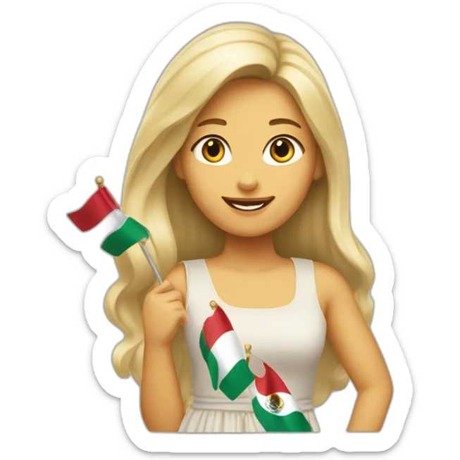 medium long blonde haired woman waving a small mexican flag over her head, wearing a sundress sticker