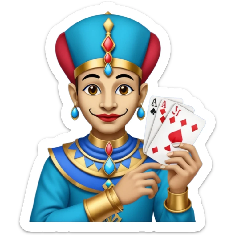 crazy colorful egyptian anubi jolly joker from poker, medieval, vintage, court jester, mac os icon, blue color, holds a single poker card on the right paw sticker