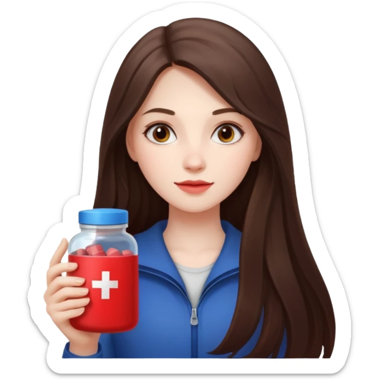 beautiful pale brunette girl with long hair holding a red pack of supplements  sticker