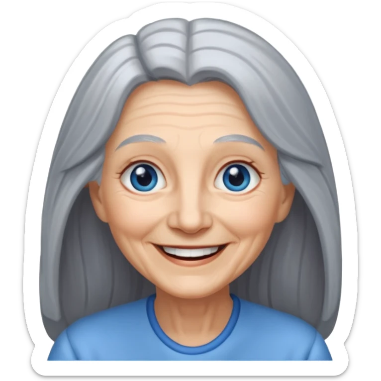 an elderly woman with long, grey hair and a smiling face with blue eyes sticker