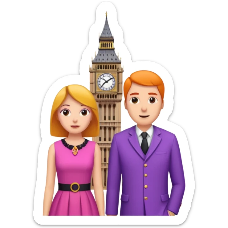 London Big ben with couple facing it keep couple dress colourful pink,purple,orange,black sticker