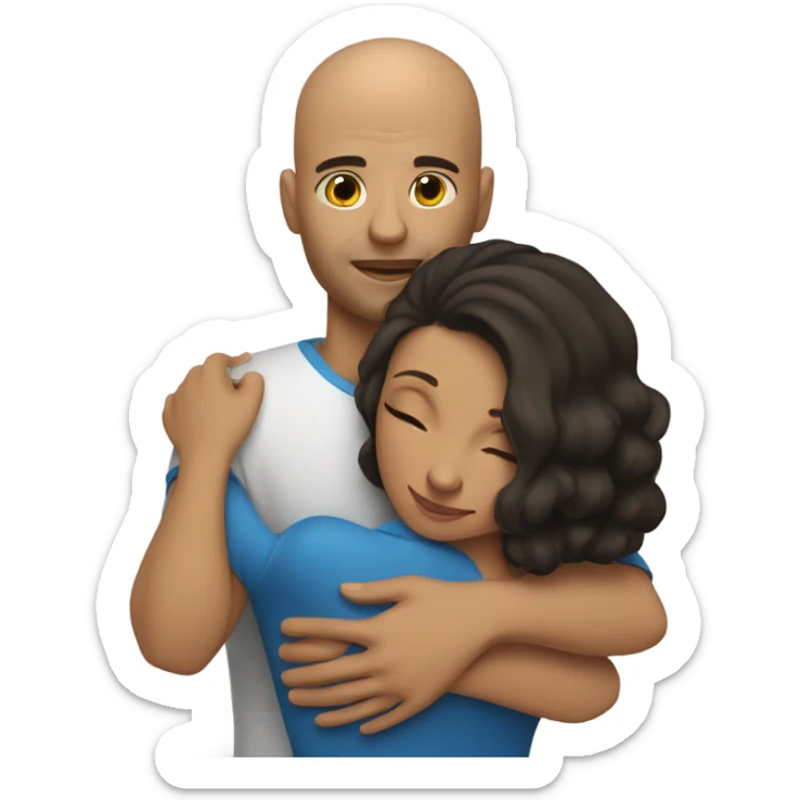 Comforting hug from tall, brunette, Puerto Rican woman to shorter bald male sticker