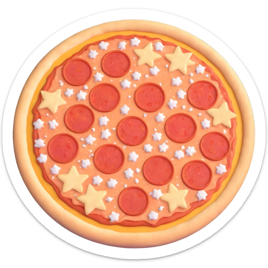 uncooked frozen pizza, round, pale dough, cheese, tomato sauce, pepperoni or vegetables, firm, frosted, ice crystals, matte finish, clean 3D, soft lighting, emoji scale sticker
