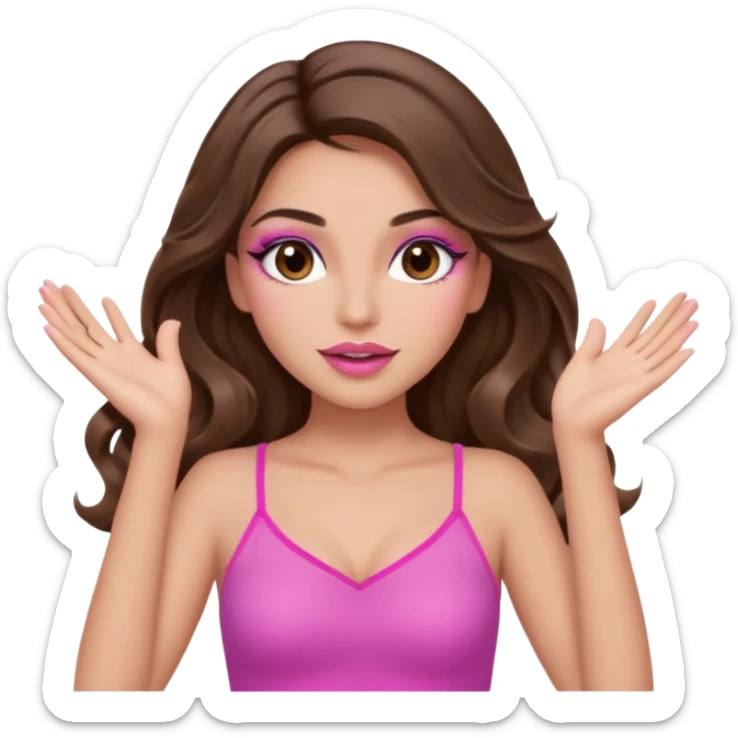 girl with long wavy brown hair, brown eyes, long lashes makeup, sexy pink lips, light to medium complexion, wearing a pink sexy top, both hands in the air high sticker