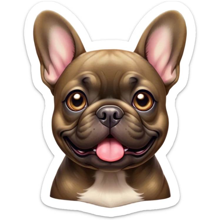 Cinematic Comical Brindle French Bulldog Portrait Emoji, Head tilted dramatically with an exaggeratedly amused expression, featuring a striking brindle coat with bold fawn highlights, wide, expressive dark eyes filled with playful disbelief, Simplified yet hilariously expressive features, highly detailed, glowing with a slightly sassy glow, high shine, dramatic yet playful, stylized with an air of cheeky mischief, bright and endearing, soft glowing outline, capturing the essence of a spirited and over-the-top companion, so meme-worthy it feels like it could side-eye its way into internet fame instantly! sticker