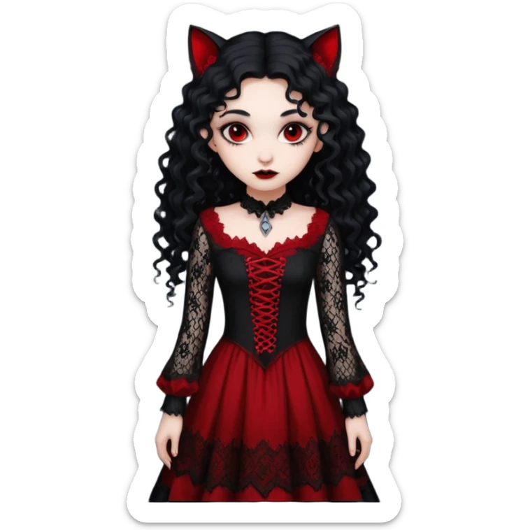 A girl with a red goth vampire look in a black and red goth lace dress with long sleeves and long black curly hair Fox eyes sticker