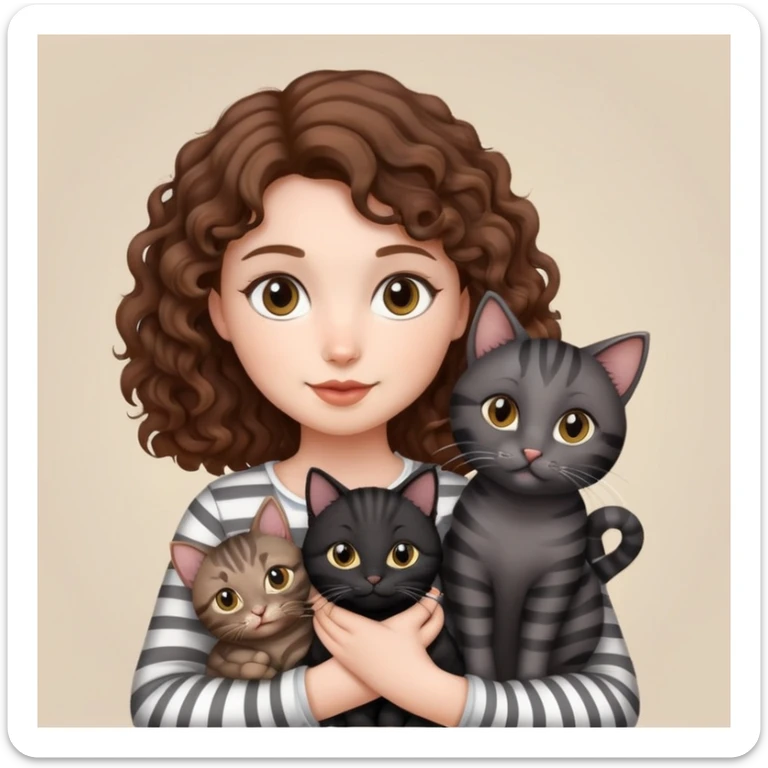 Girl with curly hair holding three cats, one black cat, one grey cat, and one grey-striped cat sticker