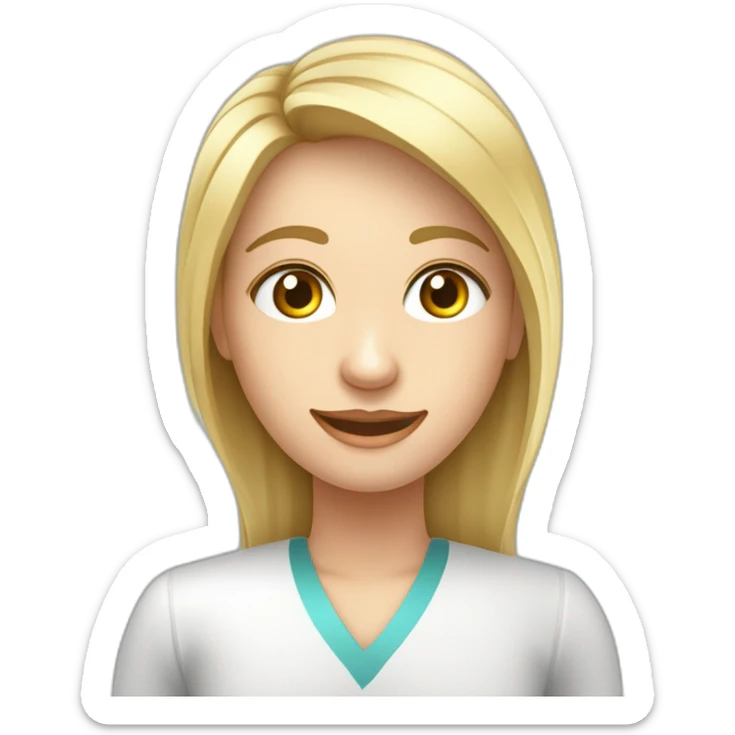 Crea un avatar de medio cuerpo de una nutricionista rubia con ojos grandes y de color gris, cara fina, pelo largo, empieza por ahí y vamos refinando el resultado  sticker