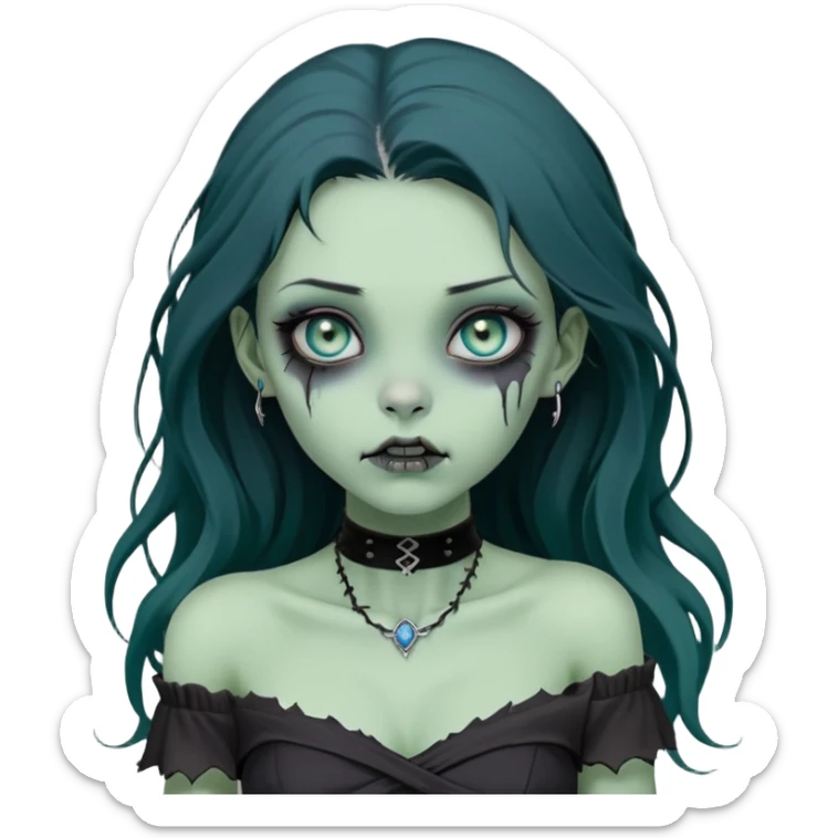 a soft, doll-like zombie girl with light sage green skin and big blue-green eyes, long black hair that swoops gently at the ends, a tiny silver nose stud and a delicate eyebrow piercing on the left side. she’s wearing an off-the-shoulder black top that shows her collarbones, sticker