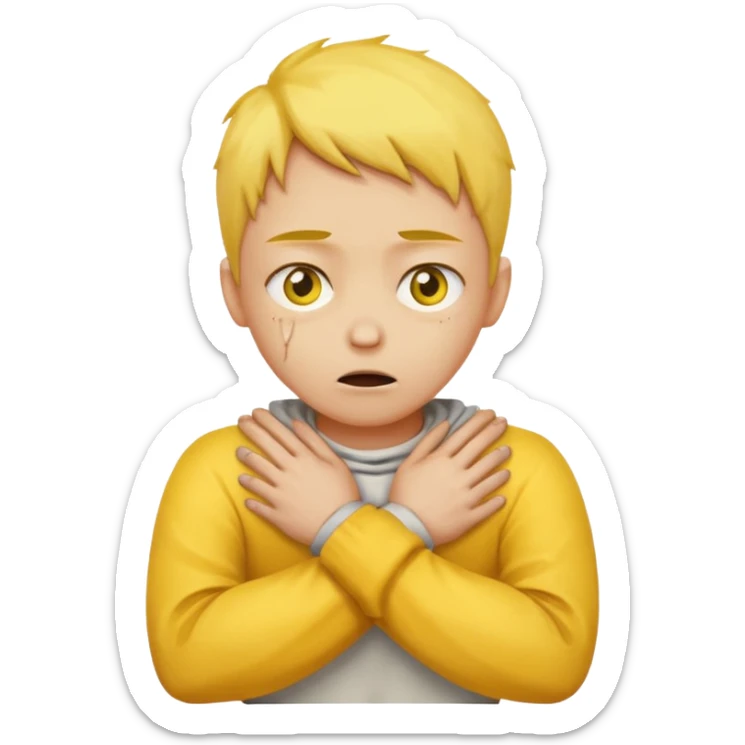 Yellow face emoji strangling itself with 2 arms crossed and hands saround neck and eyes looking up slightl sticker