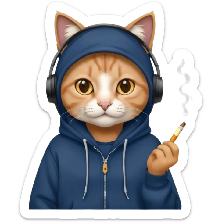 cat in headphones, in a dark-blue almost black oversized hoodie with a cigarette in his hand sticker