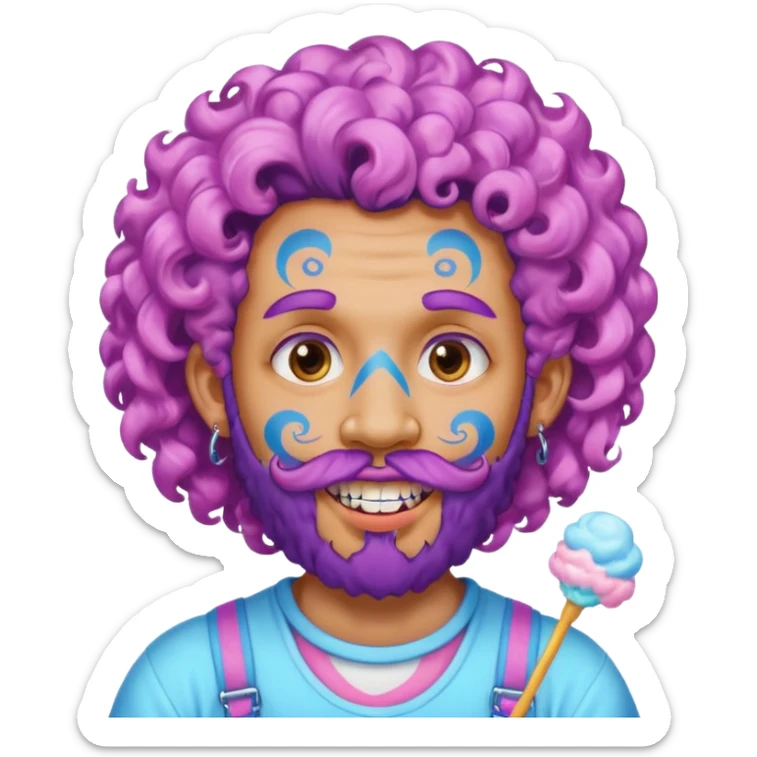 very colorful puffy violet curly haired man beard made out of cotton candy wearing teeth-braces and excessive face tattoos just face  sticker
