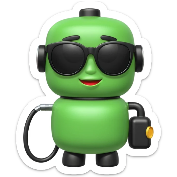 A cute 3D icon of a green gas pump character wearing oversized black sunglasses. Round and chubby proportions, glossy toy-like texture, soft pastel lighting, friendly expression, smooth edges, high-quality render, isolated on a transparent background. sticker