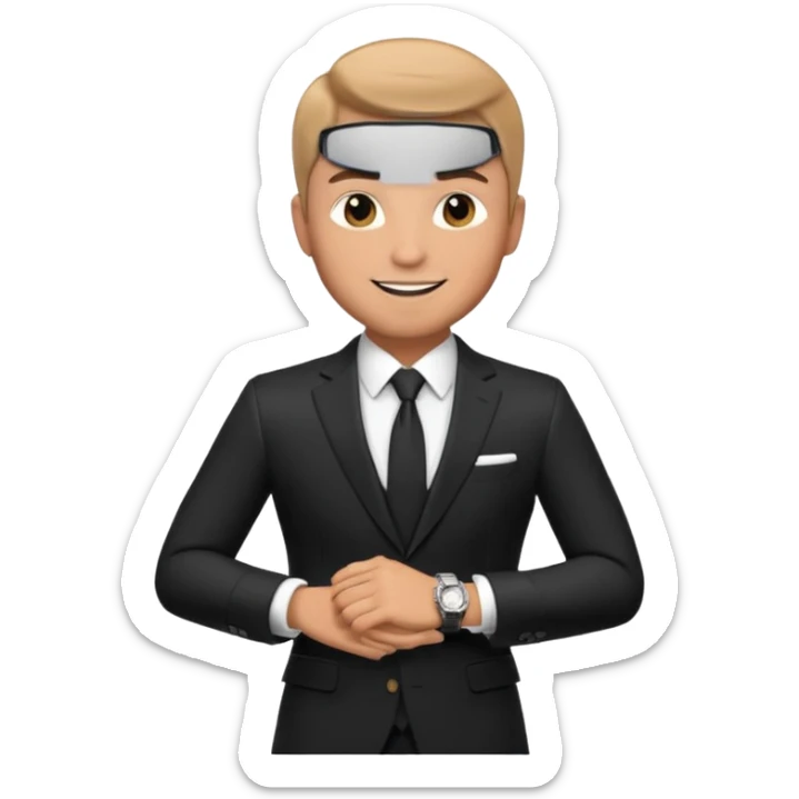 handsome male memoji, wearing a tailored black suit, luxury watch, confident smile, charismatic businessman vibe sticker