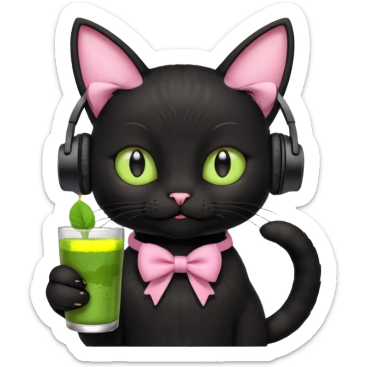 A black cat wearing cute headphones with a glass of matcha, a pink bow on his ear sticker