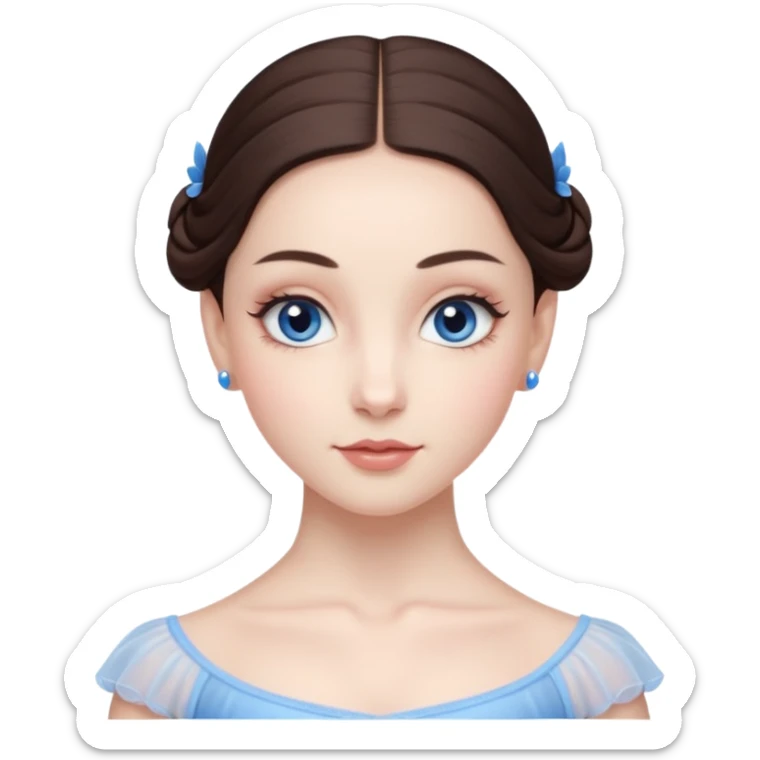 Realistic Ballerina Portrait, with porcelain-like skin featuring a natural rosy flush, illuminated by soft lighting that highlights the gentle contours of her face. Her Brunette hair flows in soft.Her deep blue eyes radiate framed by arched brows and long lashes. sticker