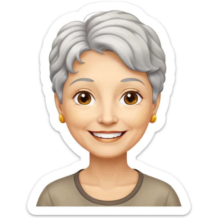 Bà lão 60 tuổi, da vàng, mặt tròn, tóc ngắn màu bạc, tóc hơi xoăn, mặt cười tươi vui vẻ, áo nâu sticker