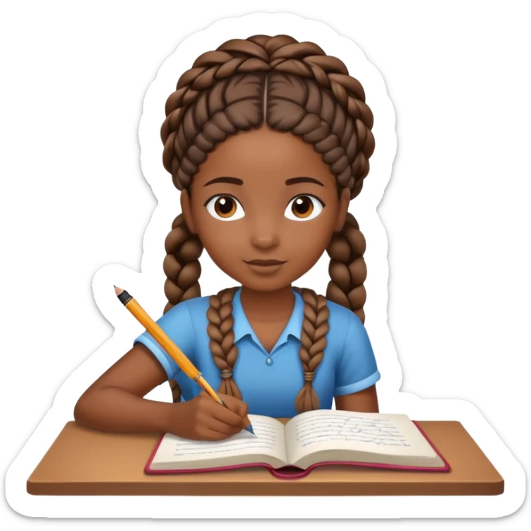 African girl student with brown skin and braided hair writing with book and pen sticker