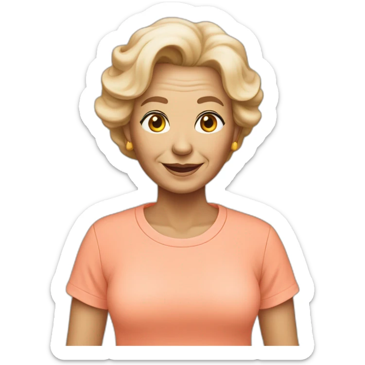 White 63 yrs old woman lihgt hair with a salmon color T-shirt sticker