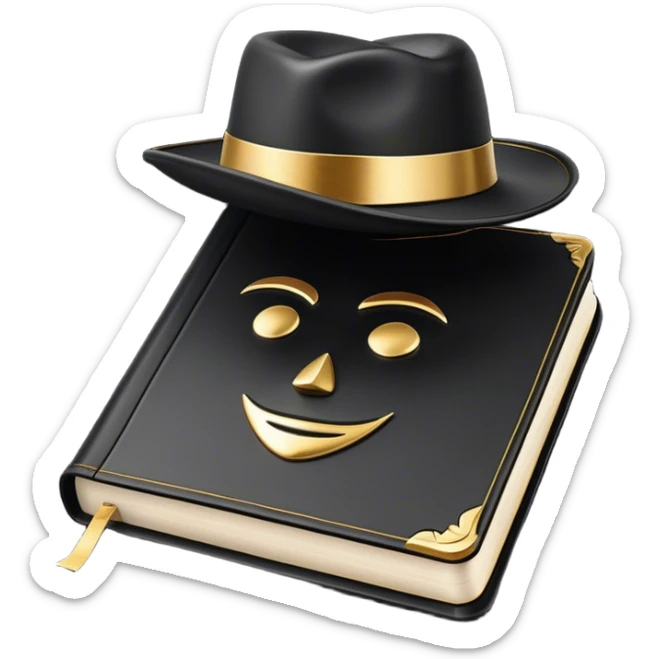 A sleek black book with gold accents, a polished leather texture, and an embossed symbol of a man tipping his hat, a deck of cards, or a golden key, radiating charisma, strategy, and the mastery of social dynamics. sticker