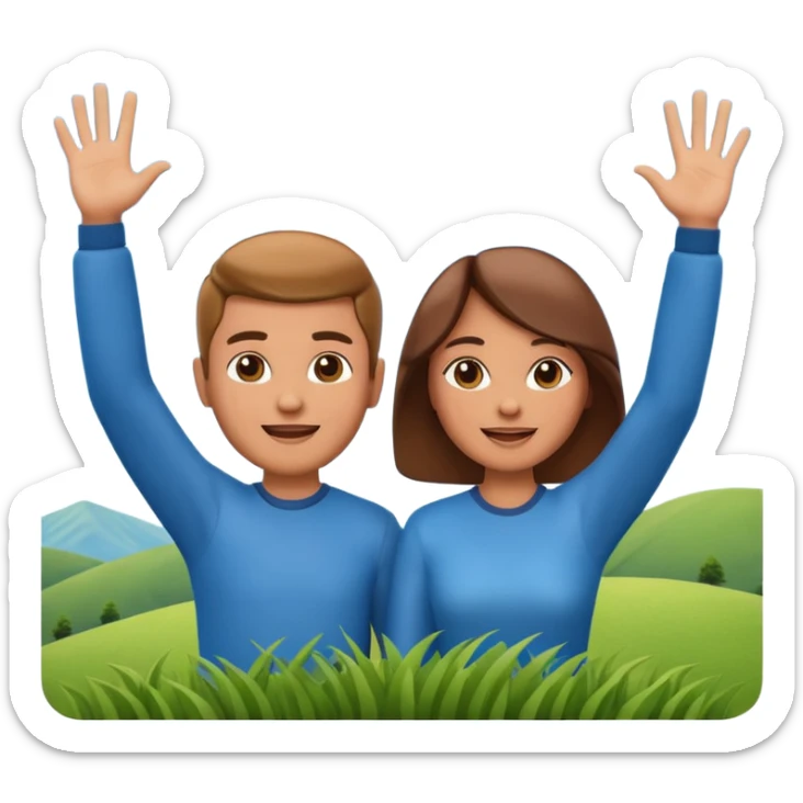 A 3D cartoon couple on top of a hill raising hands in victory, sunny sky and nature background, Memoji-style. sticker