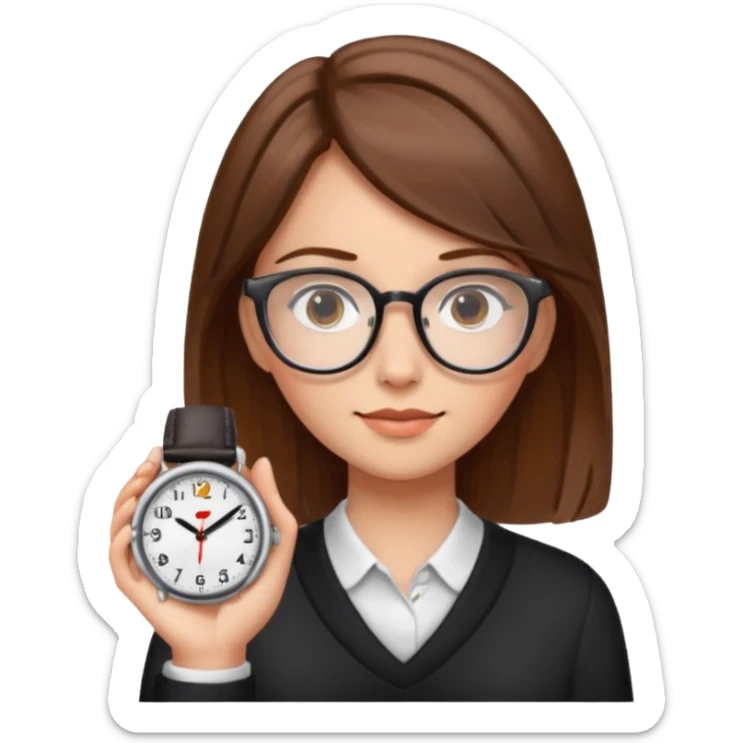 chica castaña con lentes y un reloj sticker