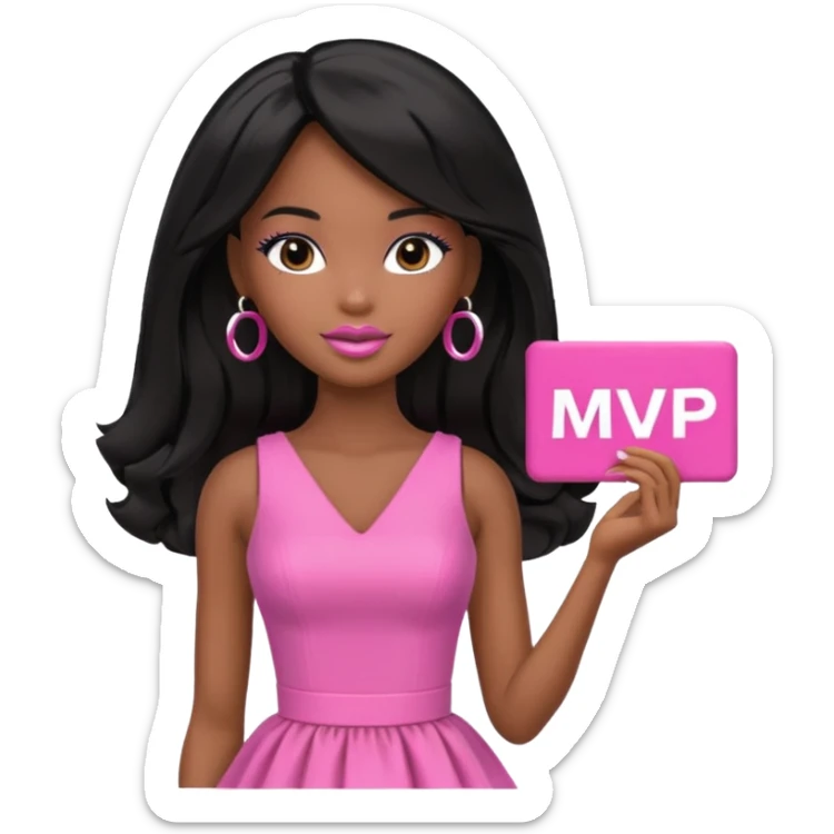 Black barbie, long black  hair, pink dress holding mvp sign  sticker