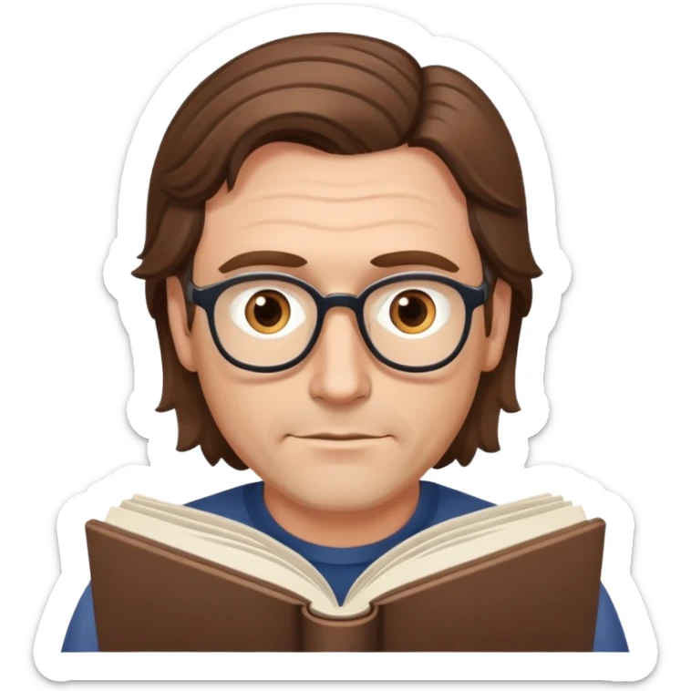 man in his forties with slightly wavy hair, no glasses, reading a book sticker
