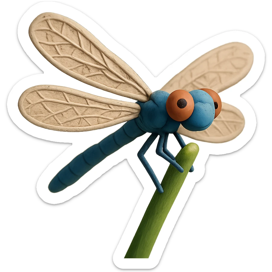 claymation style close-up of a dragonfly on a reed, detailed wings, gentle background sticker