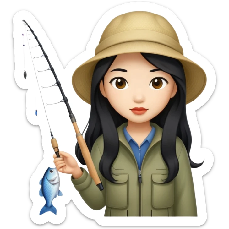 asian girl with long black hair fishing sticker