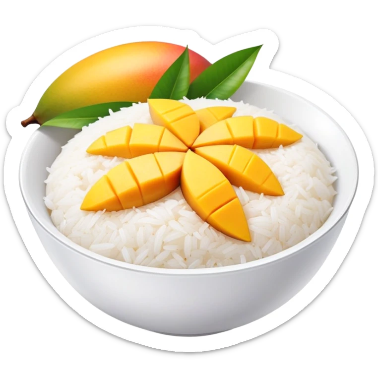 cinematic-realistic-mango-sticky-rice-dessert-emoji,-showcasing-sweet-sticky-rice out of a mould-paired-with-ripe-mango-slices-and-coconut-milk-rendered-with-lifelike-detail-and-warm,-inviting-lighting with the coconut  milk over the rice sticker