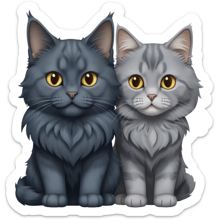 Portrait of a black smoke Maine Coon cat with long grey ear tufts, alongside a British Shorthair cat with a solid blue coat. Both cats with detailed fur textures and playful expressions. Soft, elegant background with warm, natural tones. Transparent background. sticker